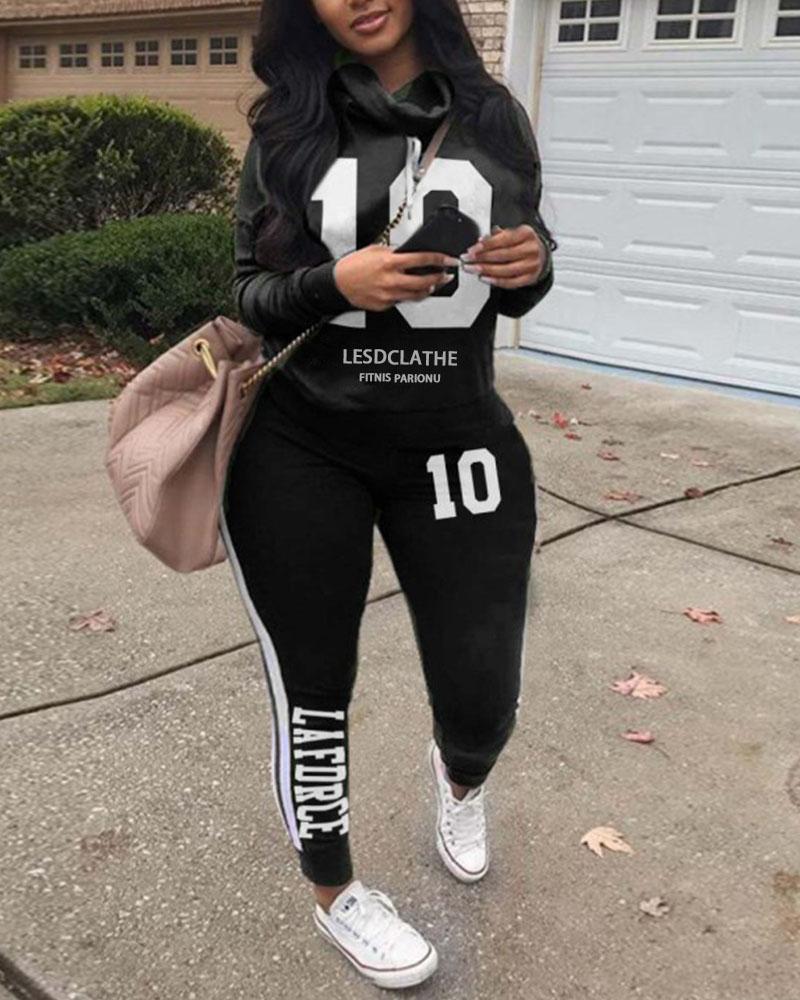 

Plus Size Letter Print Long Sleeve Top & Pants Set, Black