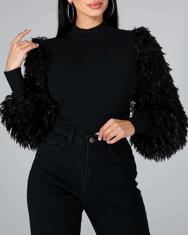 

Mock Neck Fluffy Long Sleeve Sweater, Black