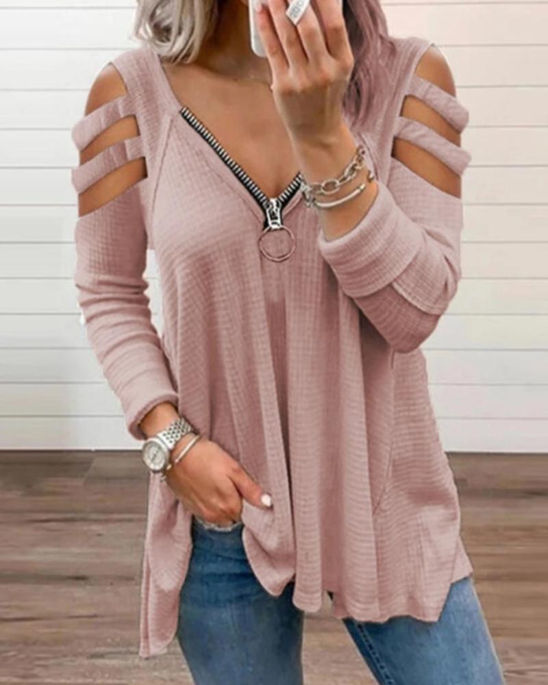 

Waffle Knit Zipper Design Cutout Long Sleeve Top, Pink