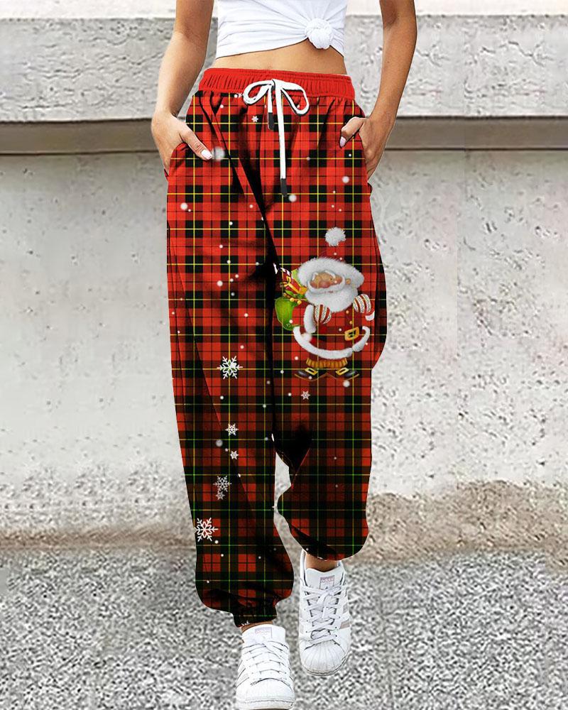 

Christmas Santa Claus Plaid Print Cuffed Pants, Red