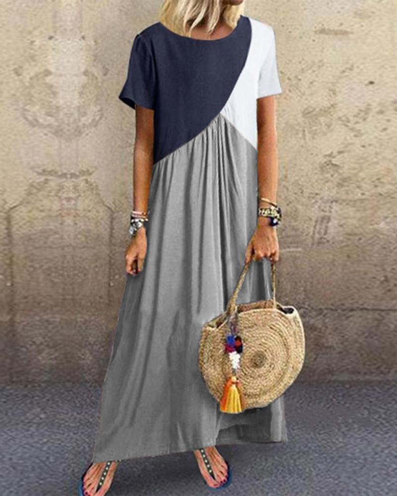 

Colorblock Patchwork Short Sleeve Maxi Dress, Gray