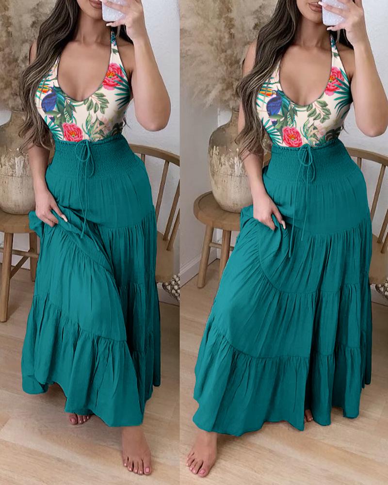 

Floral Print Top & Drawstring Patchwork High Waist Skirt Set, Multicolor