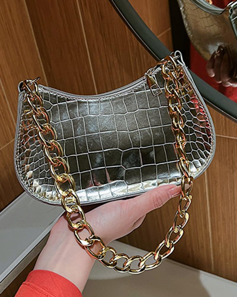 

Crocodile Chain Strap Zipper Design Shoulder Bag, Silver