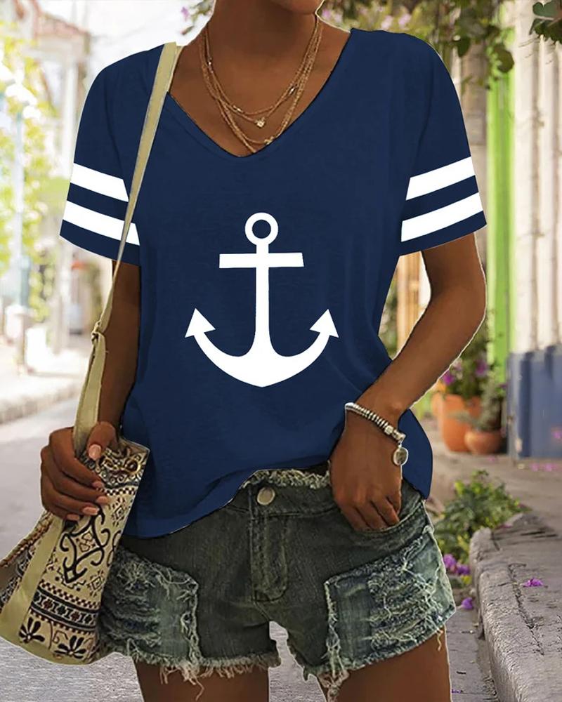 

Anchor Print V-Neck Casual T-shirt, Blue