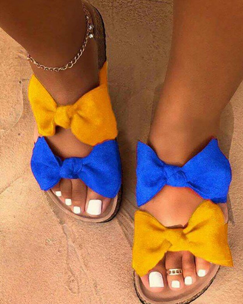 

Double Bowknot Decor Cork Slippers, Yellow&blue