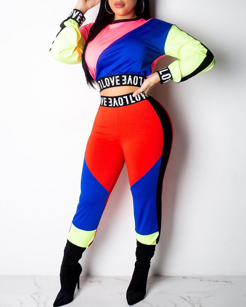 

Colorblock Letter Print Crop Top & Fitted Pants Set, Red