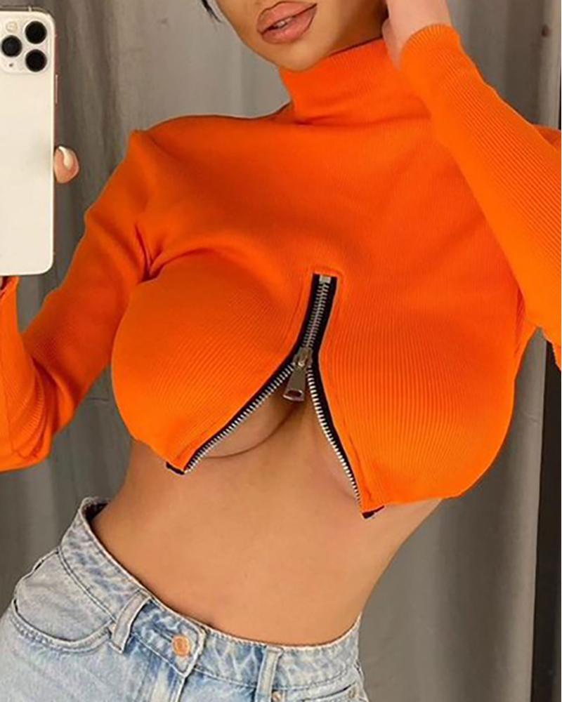 

High Neck Long Sleeve Zipper Front Crop Top, Orange