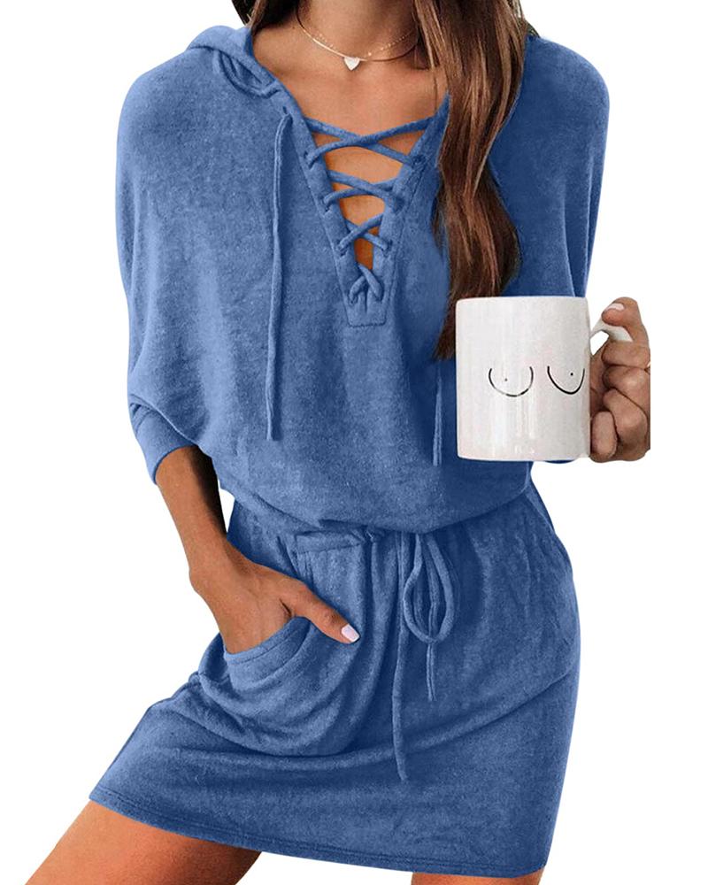 

Lace-up Drawstring Hooded Sweatshirt Dress, Blue