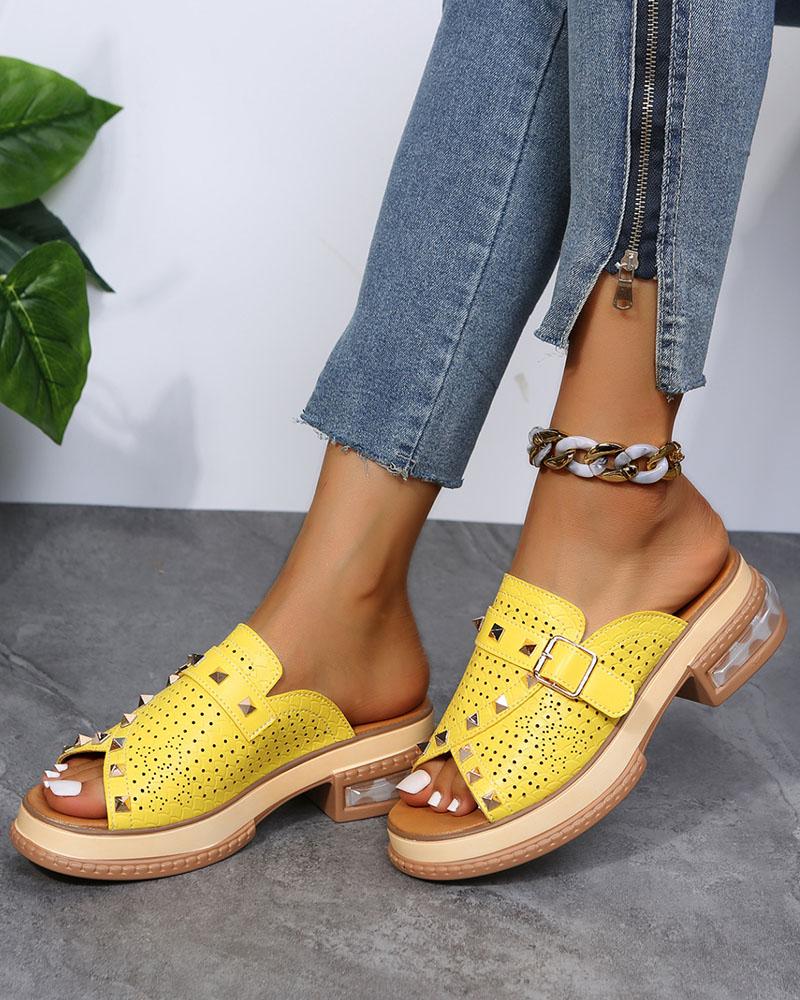 

Peep Toe Buckled Studded Slippers, Yellow