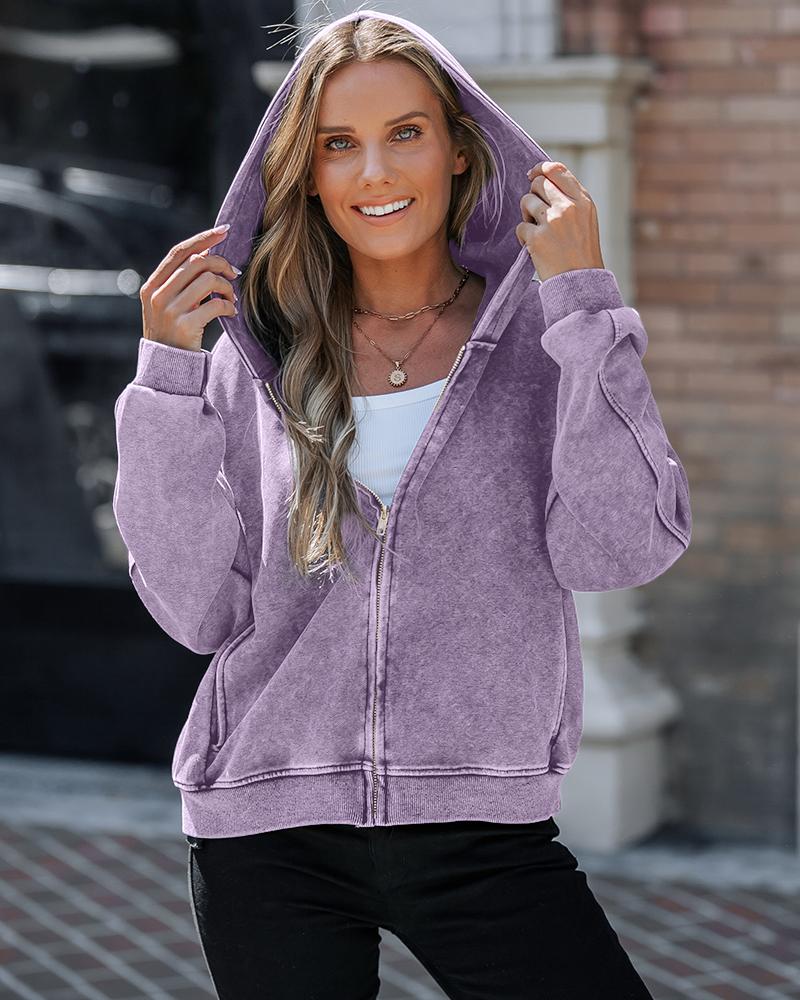 

Washed Zip Up Pocket Design Hooded Sweatshirt, Purple