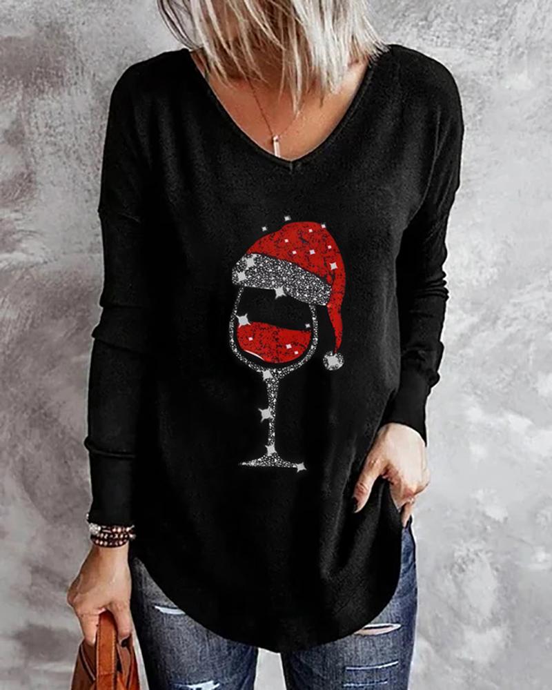

Christmas Hat Wine Glasses Print Long Sleeve Top, Black