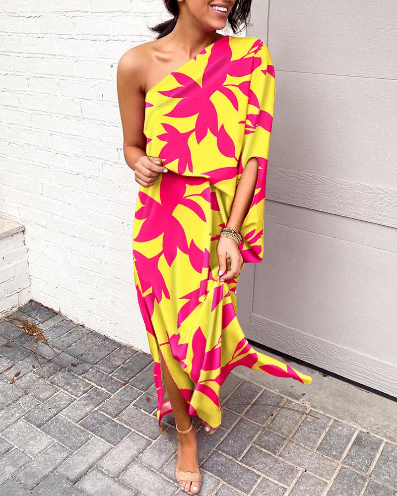 

One Shoulder Split Hem Plants Print Maxi Dress, Multicolor