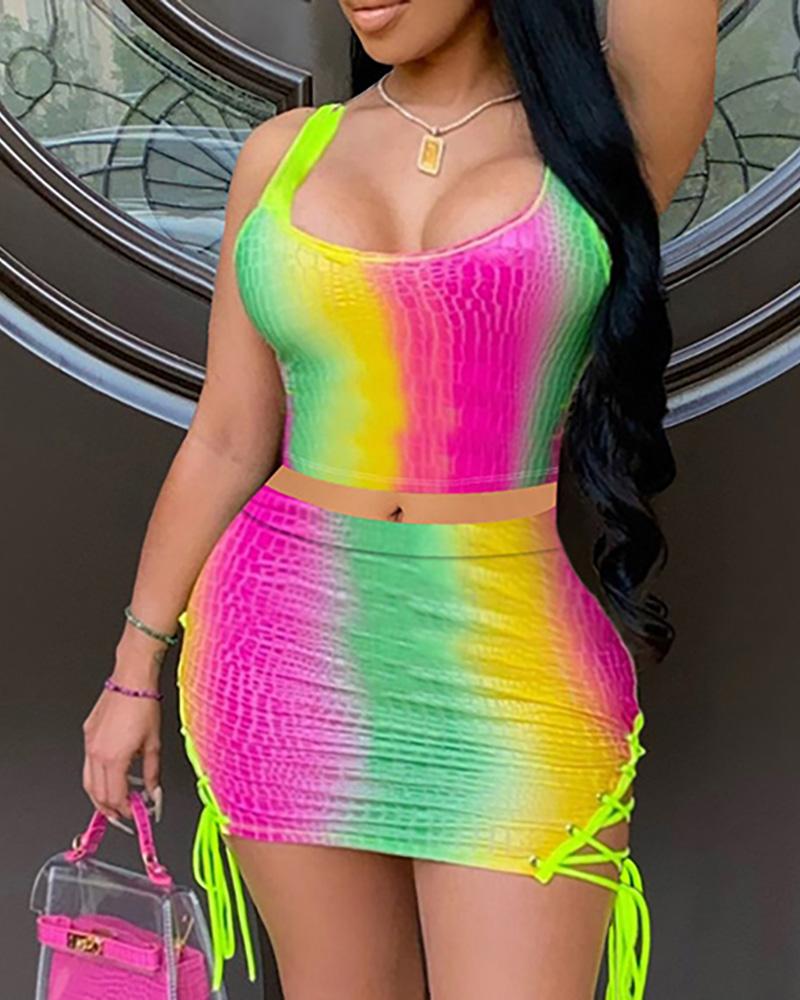 

Thick Strap U Neck Colorblock Top & Eyelet Lace Up Skirt Set, Multicolor