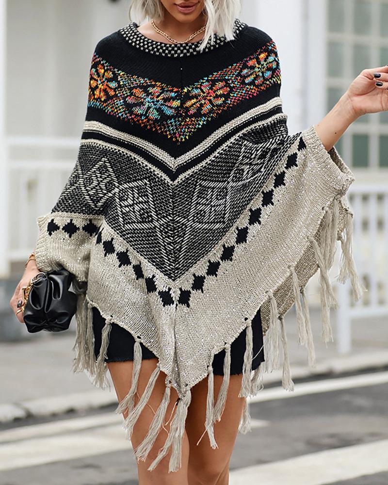 

Geo Pattern Tassel Design Cape Sweater, Purplish blue