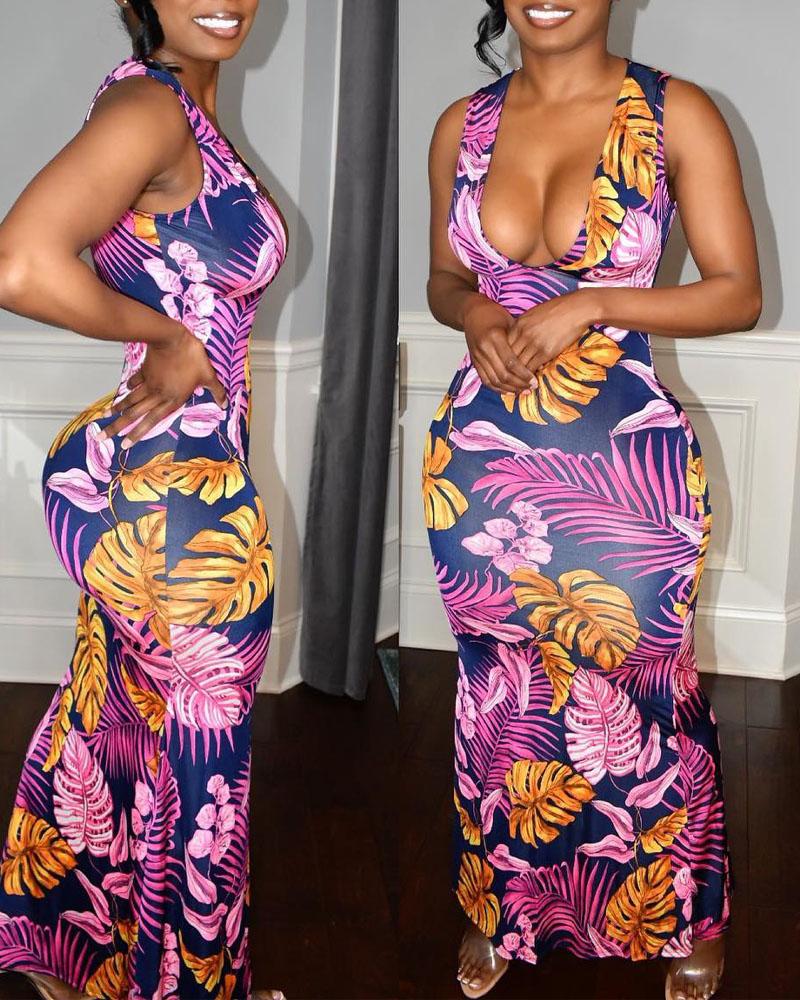 

Tropical Print U-Neck Sleeveless Maxi Dress, Purple