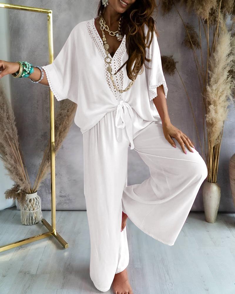 

Contrast Lace Tied Detail Batwing Sleeve Top & Pants Set, White