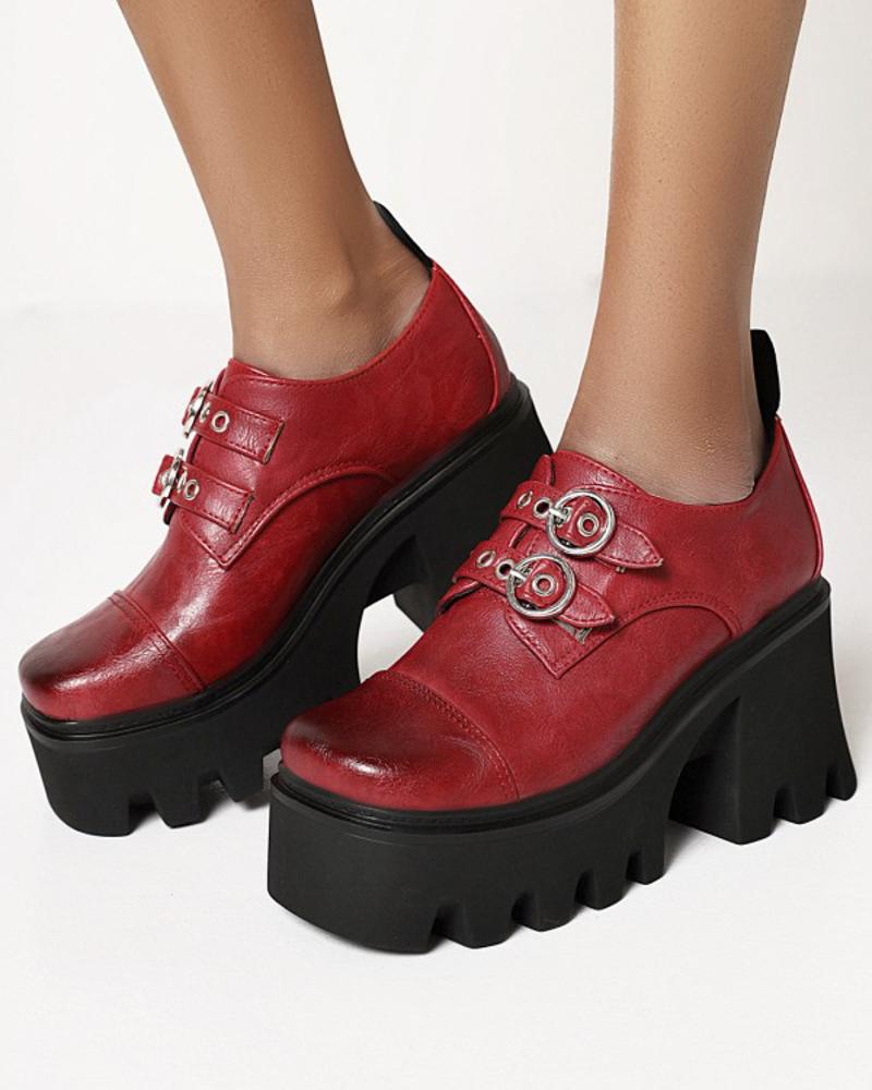 

Ladies Vintage Double Strap Decor Round Toe Oxford Shoes, Red