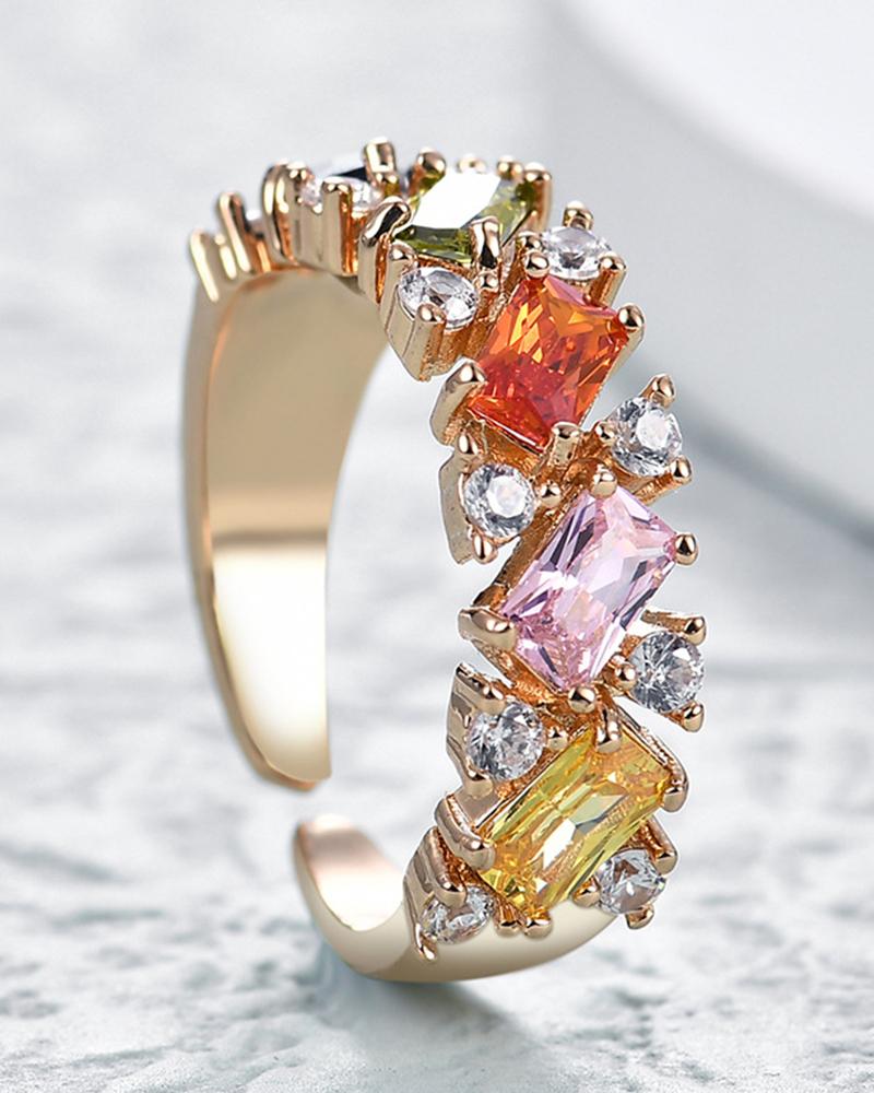 

1pc Rainbow Square Crystal Stone Opening Ring, Multicolor