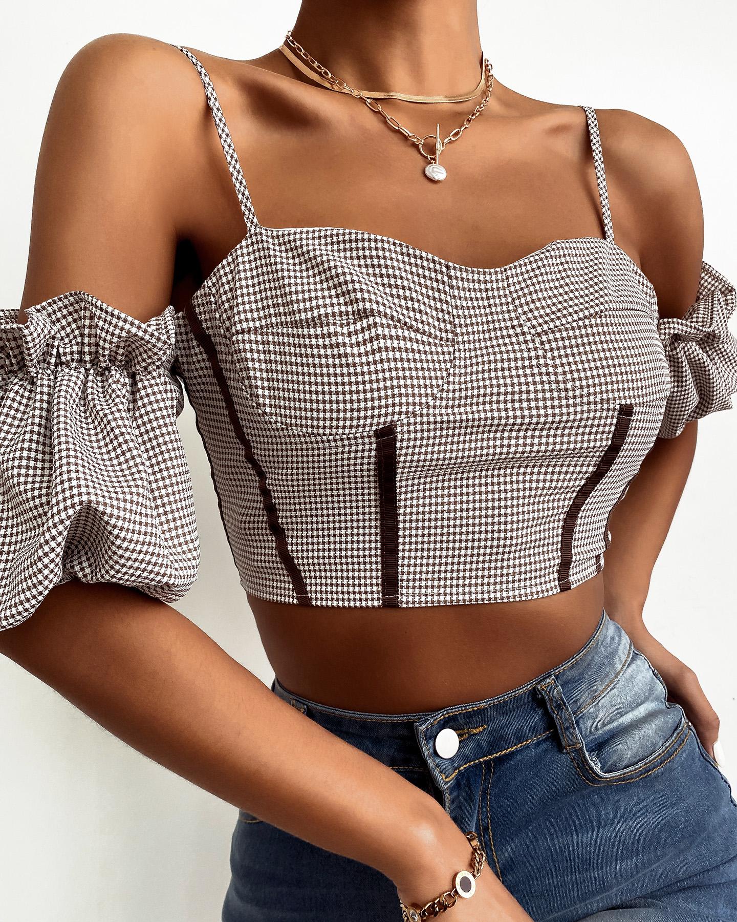 

Plaid Lantern Sleeve Cold Shoulder Crop Top, Style1