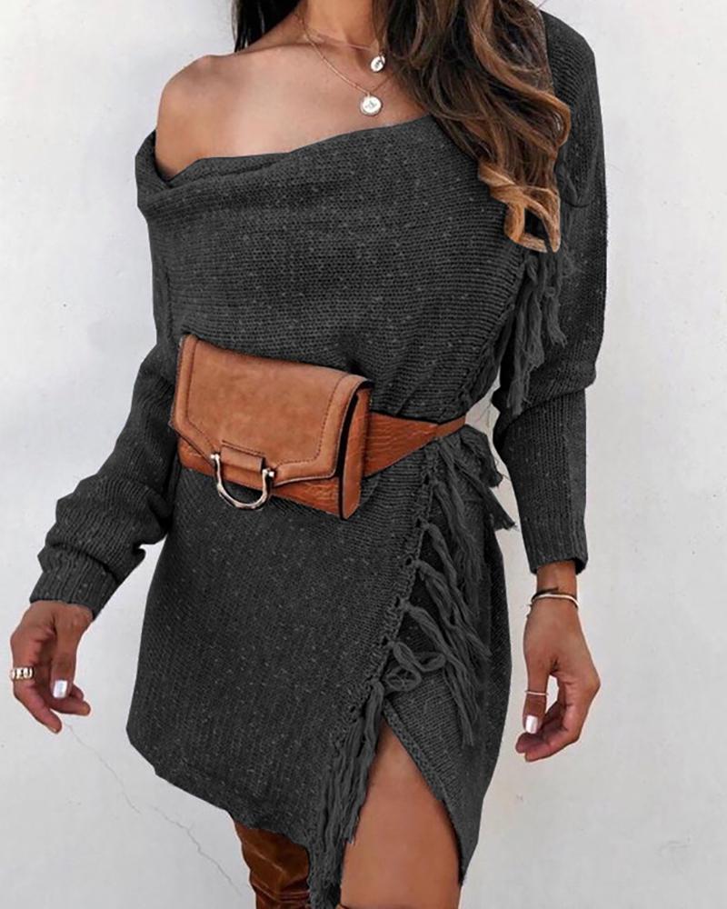 

Solid One Shoulder Tassel Design Sweater Coat, Black