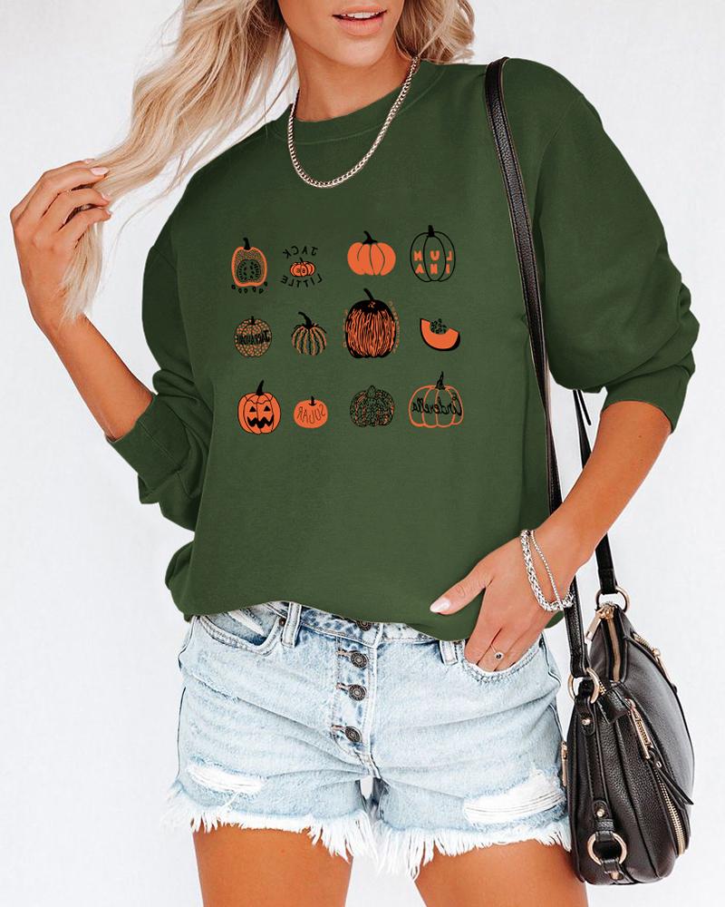 

Halloween Pumpkin Print O Neck Long Sleeve Sweatshirt, Green