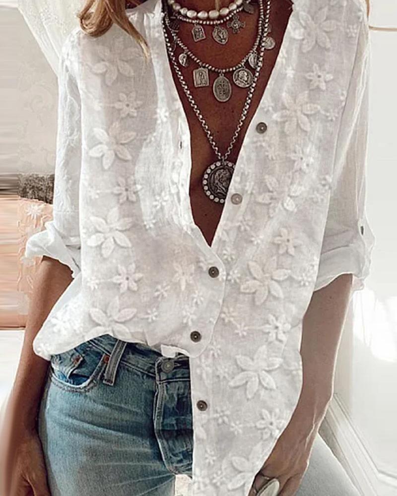 

Floral Pattern Button Front Long Sleeve Shirt, White