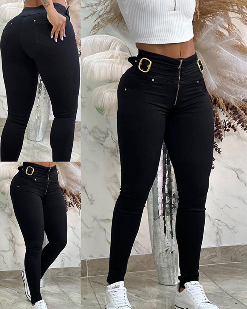 

Zipper Pocket Design Buckled Pants, Black