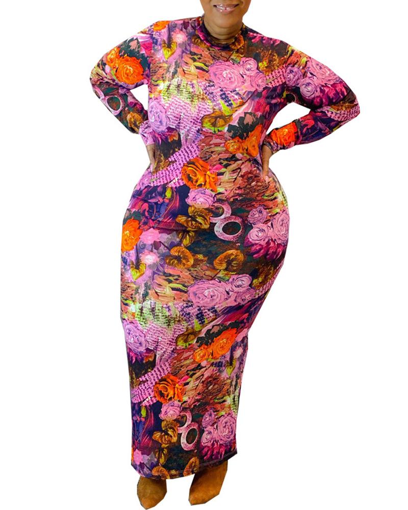 

Graphic Print Long Sleeve Maxi Dress, Multicolor