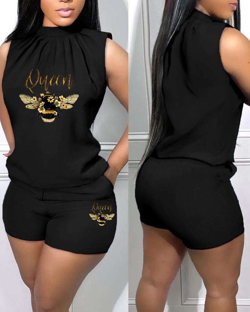 

Queen Bee Print Sleeveless Tank Top & Shorts Set, Black