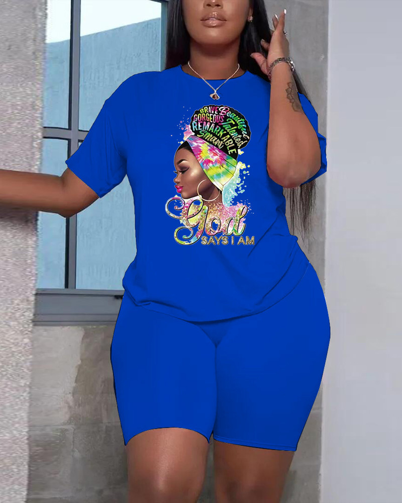 

Figure Letter Print Casual Top & Shorts Set, Blue