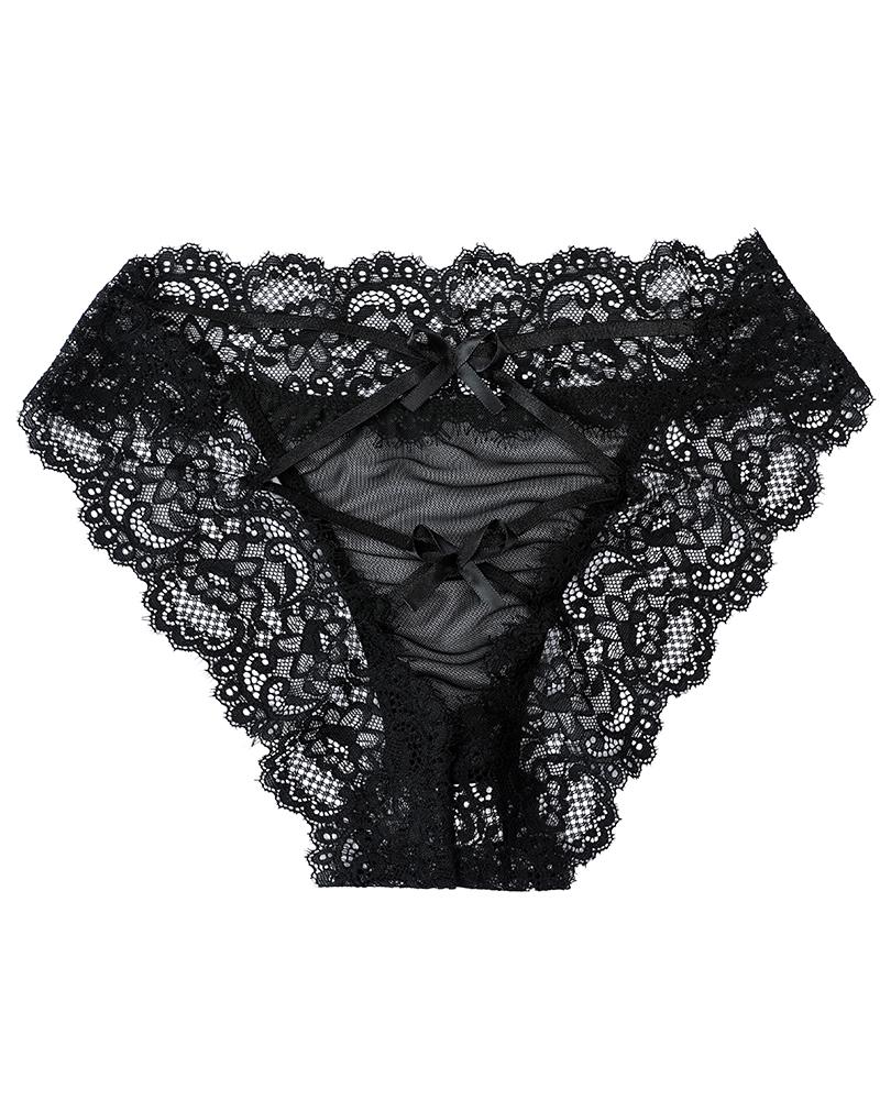 

Bandage Bowknot Decor Eyelash Crochet Lace Panty, Black