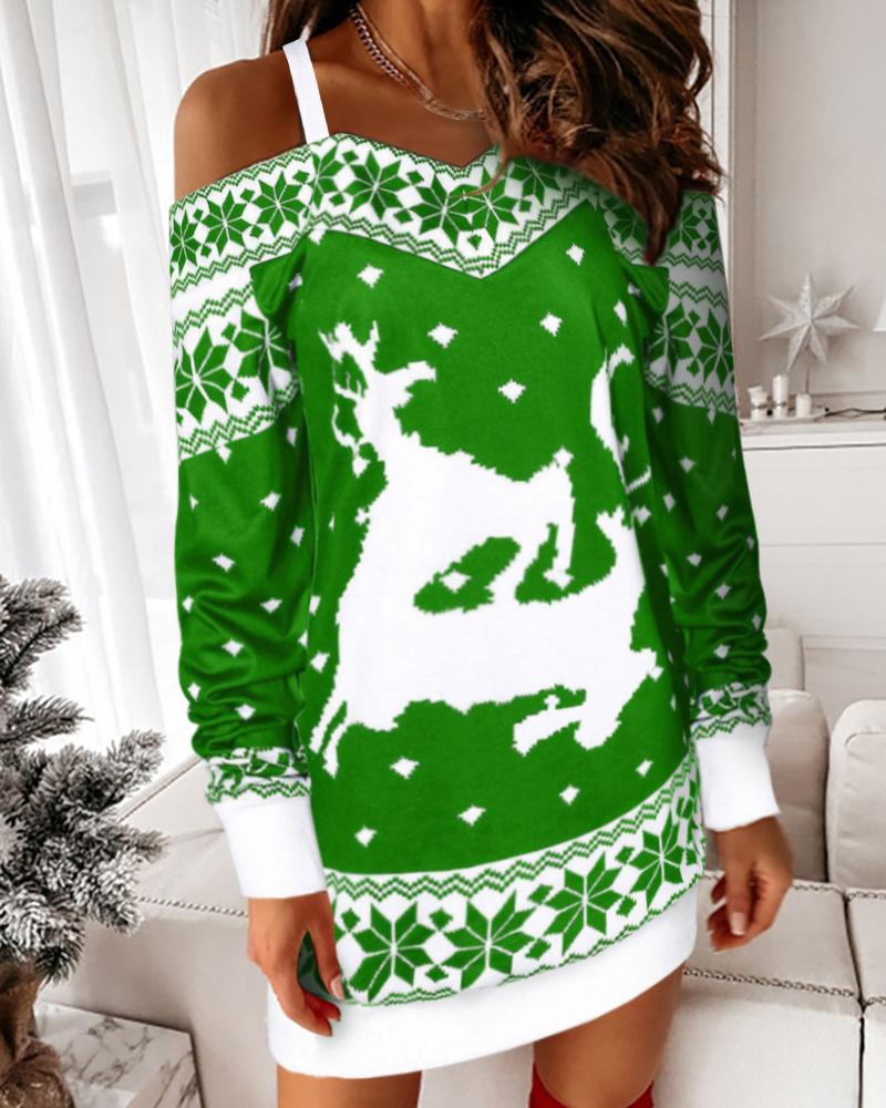 

Christmas Cold Shoulder Deer Snowflake Print Sweatshirt Dress, Green