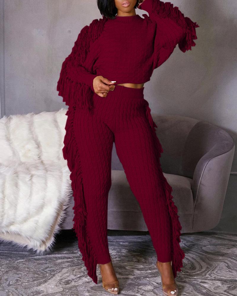 

Tassel Design Knit Top & High Waist Pants Set, Wine red