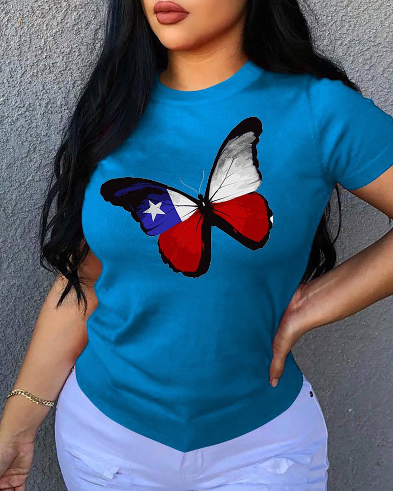

Butterfly Print O-neck Short Sleeve T-shirt, Dark blue