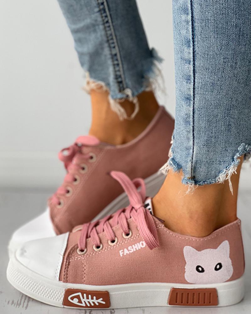 

Cat Graphic Print Eyelet Lace-up Canvas Shoes, Pink