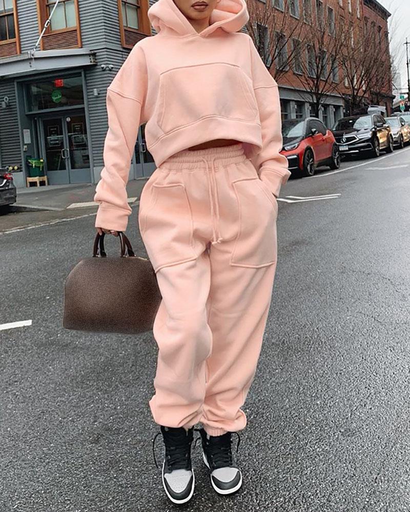 

Plus Size Pocket Design Crop Hoodie & Drawstring Pants Set, Pink