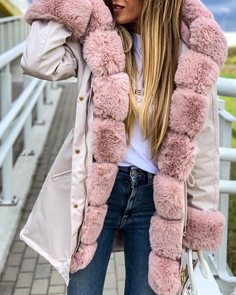 

PU Leather Faux Fur Patch Hooded Drawstring Coat, Pink