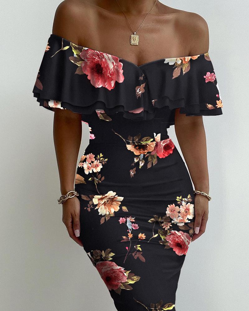 

Floral Print Layered Ruffle Trim Off Shoulder Bodycon Dress, Black