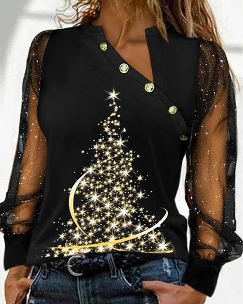 

Christmas Tree Print Sheer Mesh Long Sleeve Top, Black