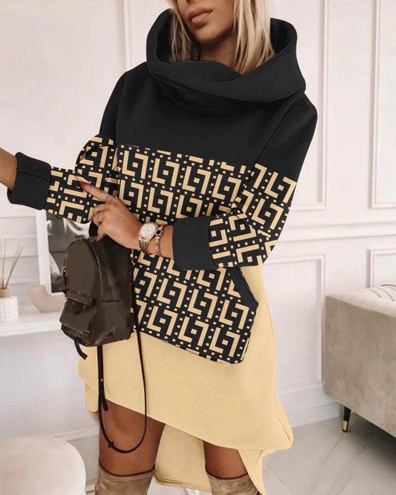 

Colorblock Geometric Print Long Sleeve Sweatshirt Dress, Khaki