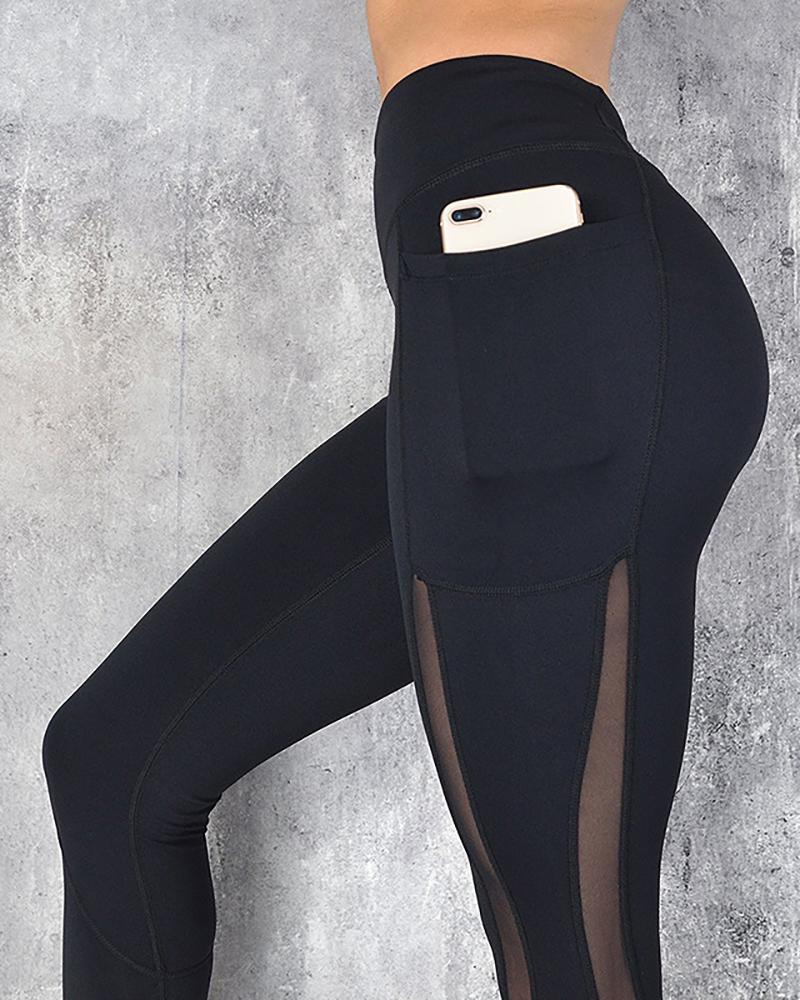 

Pocket Design High Waist Sheer Mesh Yoga Pants, Black