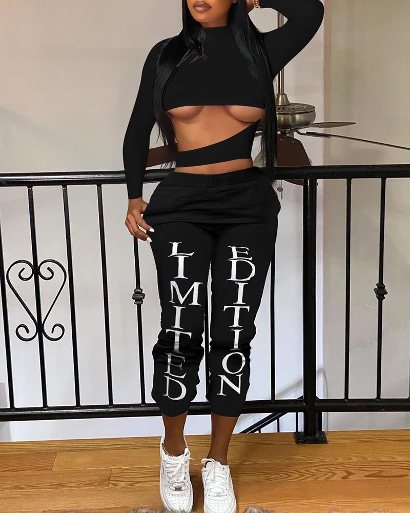 

Cutout Crop Top & Letter Print Pants Set, Black