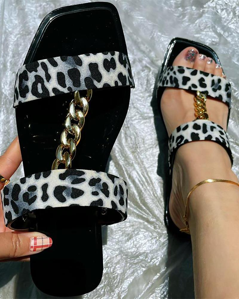 

Cheetah Pattern Chain Decor Square Toe Slippers, White&leopard