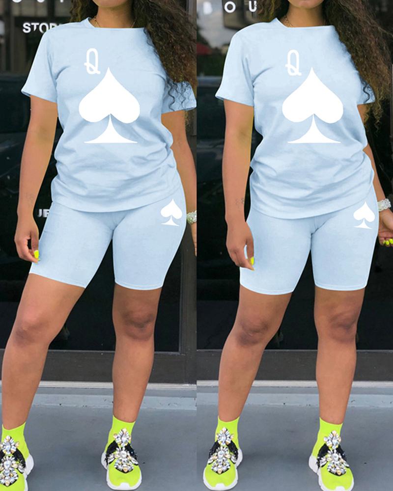 

Poker Print Short Sleeve Top & Skinny Shorts Set, Lighted blue