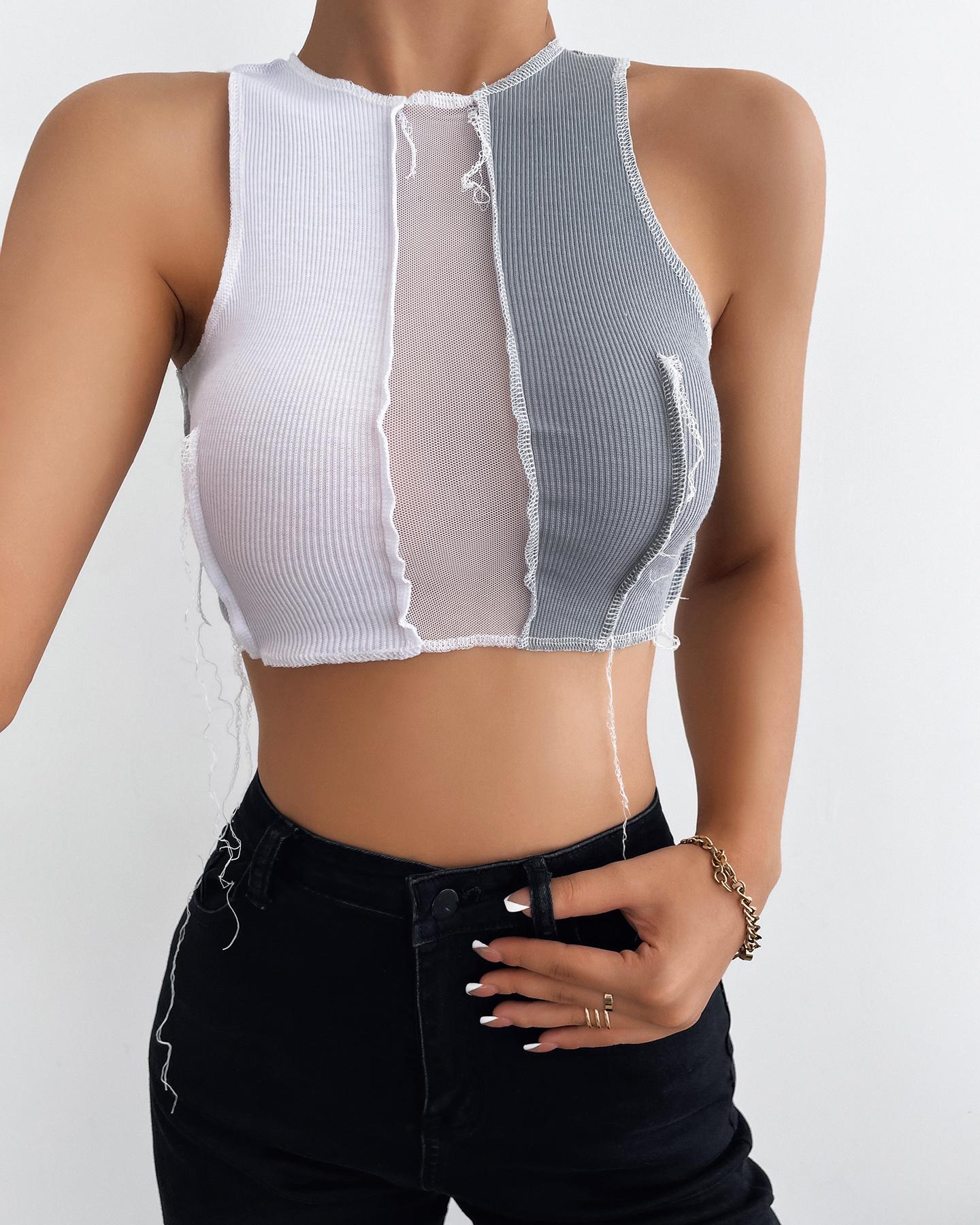 

Colorblock Contrast Stitching Mesh Insert Crop Tank Top, Gray