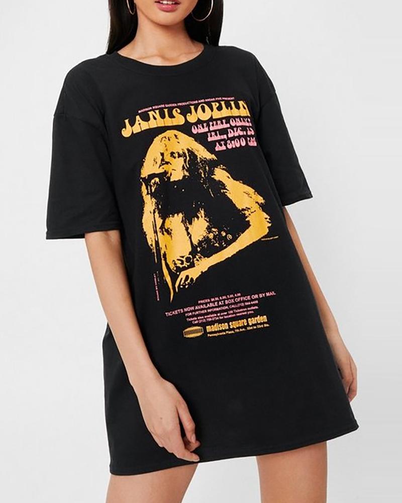 

Short Sleeve Letter Graphic Print Casual T-Shirt Dress, Black