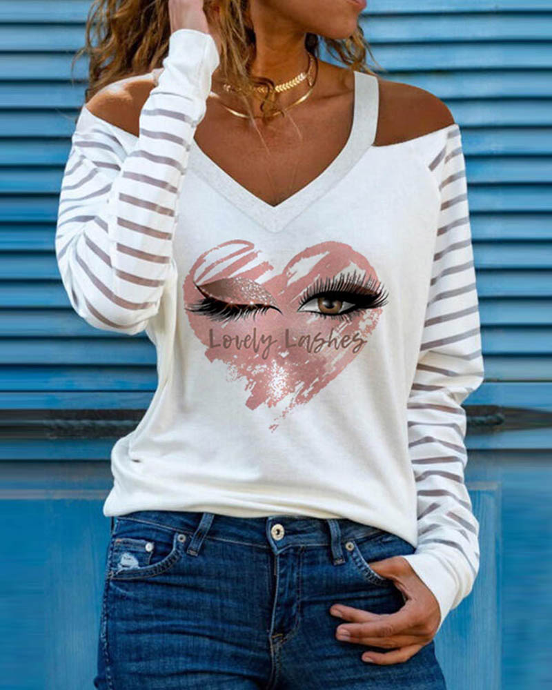 

Cold Shoulder Heart Pattern Letter Eyes Print Sheer Mesh Women Top, White
