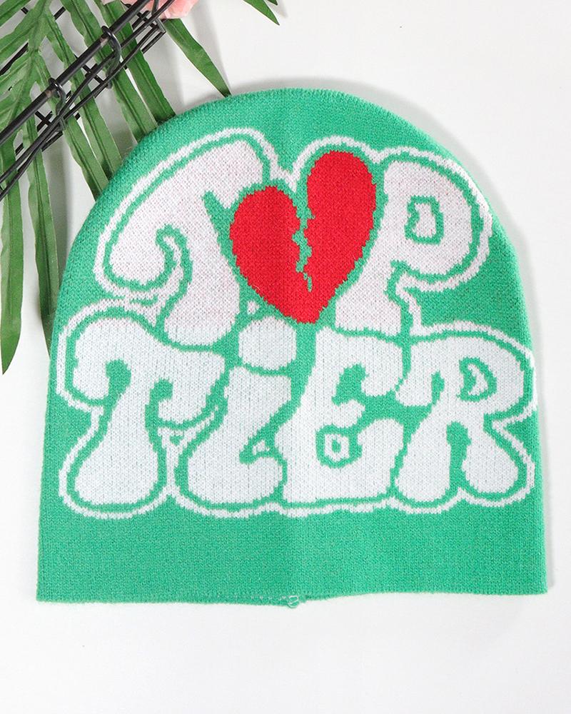 

Broken Heart Letter Pattern Warm Winter Beanie Hat, Green