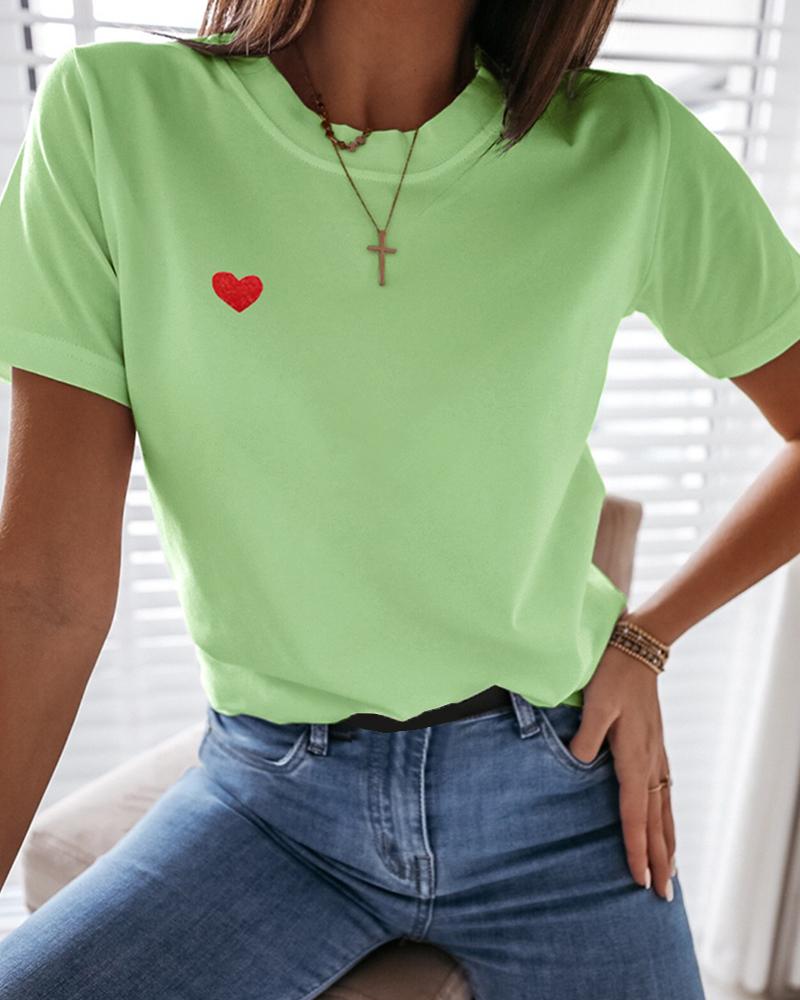 

Heart Pattern Embroidery Casual T-shirt, Green