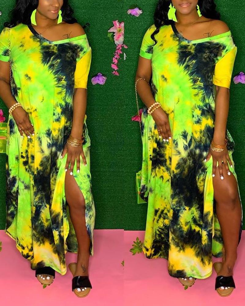 

Tie Dye Print Split Hem V-Neck Casual Dress, Green